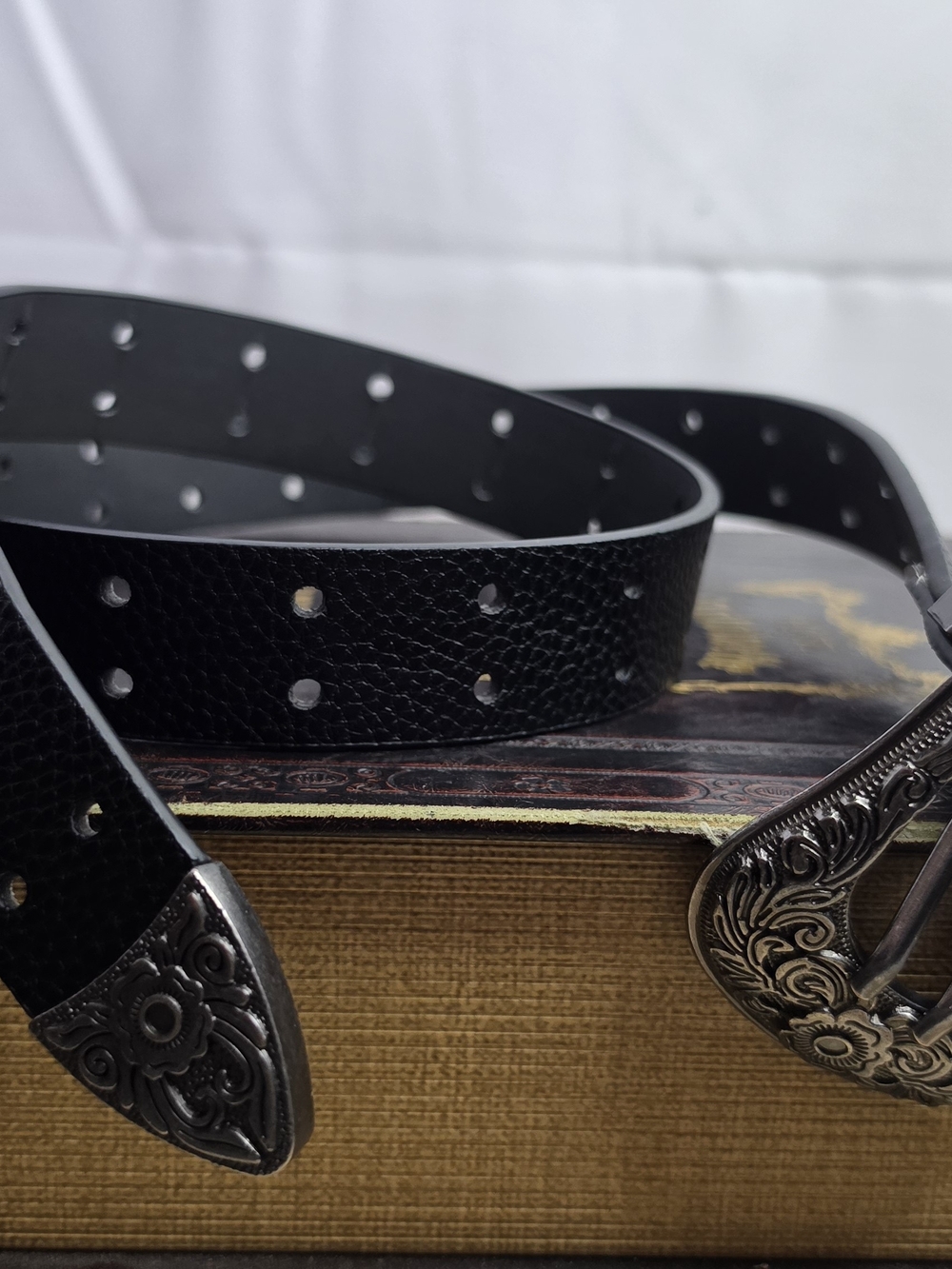 Black Double-Row Hole Western Leather Belt with Ornate Silver Buckle